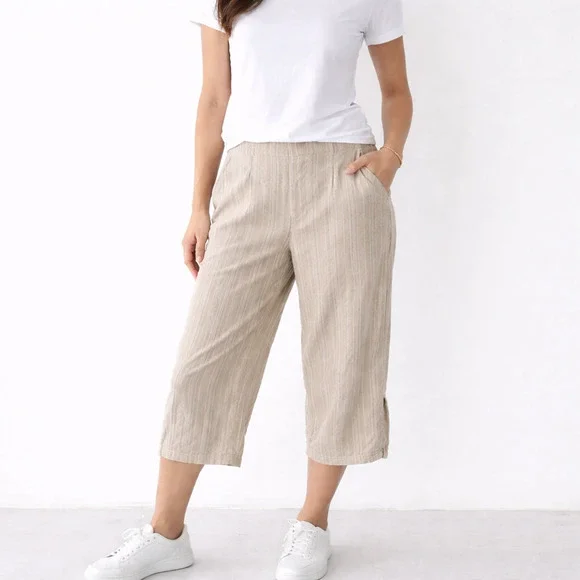 J Jill Capri Pants Womens 2X Beige Tan Striped Linen Blend Pull On Cropped Coast - Picture 1 of 11
